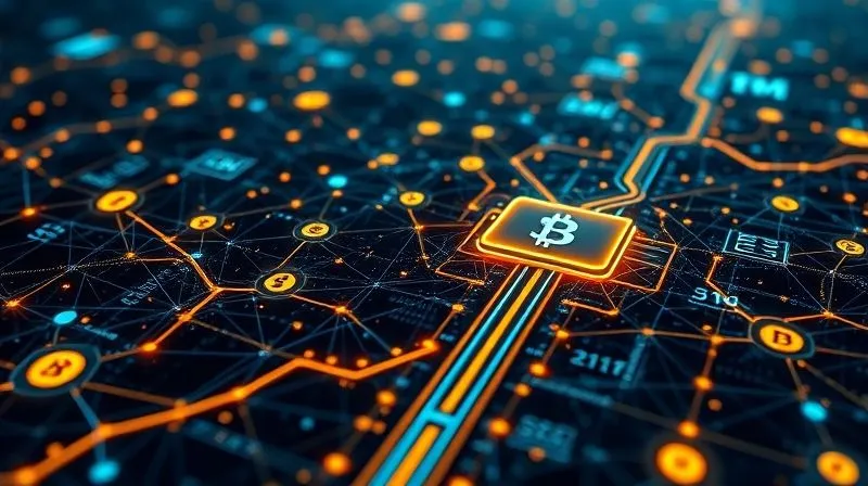 A photorealistic, professional photography, 8K, cinematic lighting, sharp focus, depth of field, shot on a high-end DSLR. A complex digital landscape of interconnected cryptocurrency symbols and data streams, with various pathways leading to a central calculator, symbolizing the intricate web of crypto tax implications and the need for clear navigation.