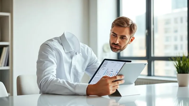 A photorealistic image of a professional, mid-30s, sitting at a clean desk, intently reviewing a digital credit report on a tablet, with a focused expression. Soft, natural light from a window illuminates the scene, sharp focus on the tablet screen and the professional's face. 8K, professional photography, depth of field blurring the background.