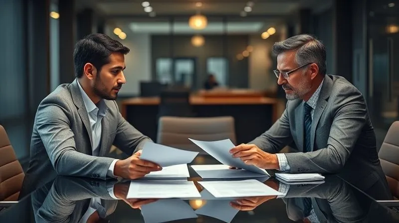 A photorealistic, professional photography shot of two individuals (one a professional, the other a tax resolution specialist) sitting at a polished conference table, engaged in a serious but constructive discussion, with documents spread out. A subtle, warm cinematic light illuminates their faces, emphasizing collaboration and strategy. Sharp focus on their expressions and the documents, depth of field blurring the modern office background. 8K, shot on a high-end DSLR.