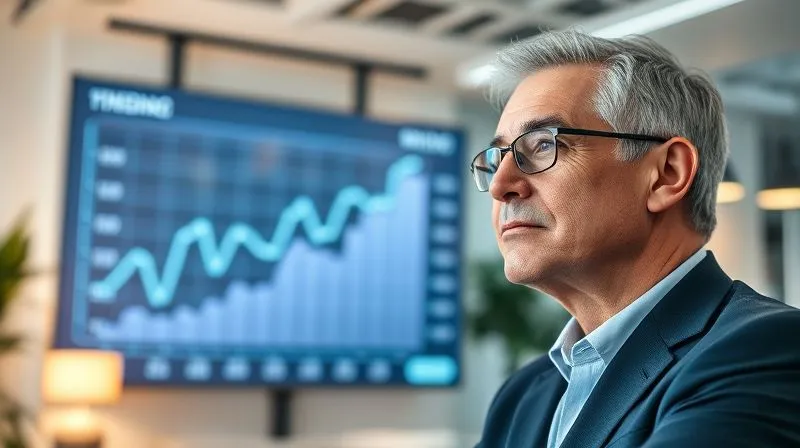 A photorealistic, professional photography shot of a confident and calm professional, mid-40s, looking at a beautifully rendered digital financial projection on a clear screen, showing upward trends. The background is a bright, modern office with soft, cinematic lighting, symbolizing a clear path forward. Sharp focus on the professional's face and the screen, depth of field. 8K, shot on a high-end DSLR.