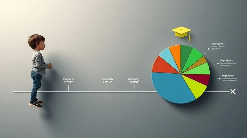 A photorealistic infographic showing a timeline with a child growing up, and a pie chart representing investment allocation changing from mostly stocks to mostly bonds/cash as the child approaches a graduation cap icon. Cinematic lighting, sharp focus, 8K.