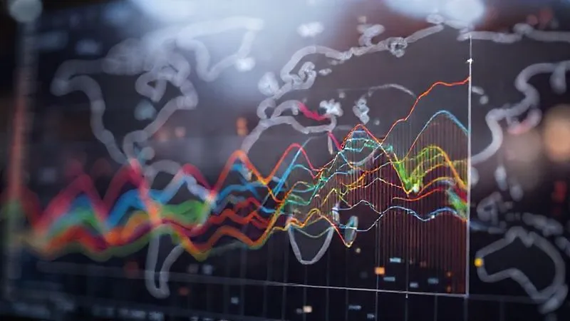 A photorealistic, professional photography, 8K, cinematic lighting, sharp focus, depth of field, shot on a high-end DSLR. An intricate, multi-layered financial chart or diagram, with different colored lines representing various uncorrelated asset classes moving independently, yet forming a stable, broad base. The chart is rendered in a secure, digital interface, conveying advanced data analysis and strategic diversification. The background is a subtle, blurred image of a global market map.