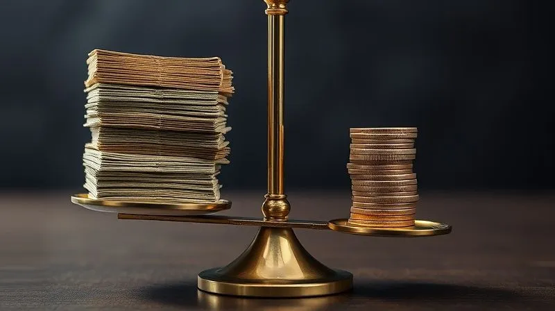 A photorealistic image of a scale balancing a large stack of money on one side against a smaller, but heavier, stack of coins on the other, symbolizing the erosion of purchasing power due to inflation. Cinematic lighting, sharp focus, depth of field, 8K hyper-detailed, professional photography, shot on a high-end DSLR.