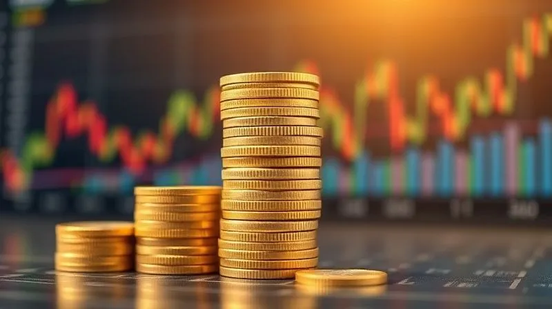 A photorealistic image of a series of golden coins stacked in increasing height, representing a CD laddering strategy, against a backdrop of financial charts indicating rising interest rates. Cinematic lighting, sharp focus on the coins, depth of field blurring the background, 8K hyper-detailed, professional photography, shot on a high-end DSLR.