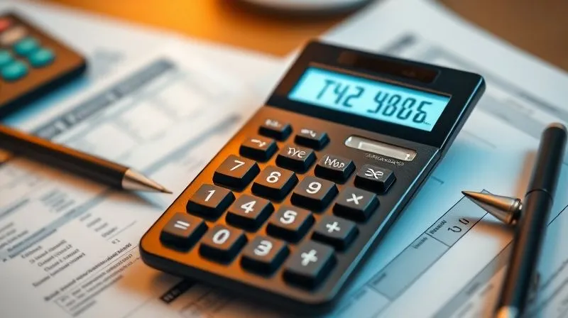 A photorealistic image of a financial calculator displaying complex tax calculations, with a blurred backdrop of tax forms and a pen. Cinematic lighting, sharp focus on the calculator screen, depth of field, 8K hyper-detailed, professional photography, shot on a high-end DSLR.
