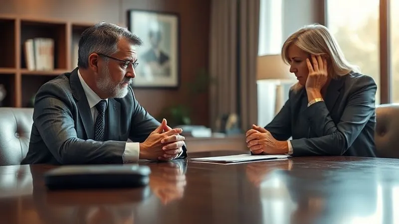 A photorealistic image of a professional (e.g., a financial advisor or attorney) empathetically listening to a distressed client across a polished desk, hands clasped. Soft, warm cinematic lighting, sharp focus on their expressions, depth of field blurring office details. 8K hyper-detailed, professional photography.