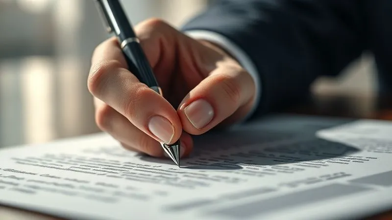 A photorealistic, professional photography, 8K, cinematic lighting, sharp focus, depth of field, shot on a high-end DSLR of a close-up of a hand, elegantly poised with a high-quality pen, meticulously signing a formal document. The lighting is dramatic and focused on the signature, casting subtle shadows that emphasize precision and the gravity of the act, symbolizing integrity, disclosure, and the commitment to professional ethics.