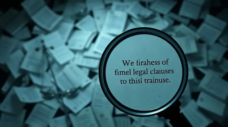 photorealistic, professional photography, 8K, cinematic lighting, sharp focus, depth of field, shot on a high-end DSLR. A complex, interconnected web of legal documents and scales of justice, with tiny cracks appearing in some sections, symbolizing vulnerabilities. In the foreground, a magnifying glass highlights a critical legal clause. The scene is illuminated by a single, dramatic spotlight.