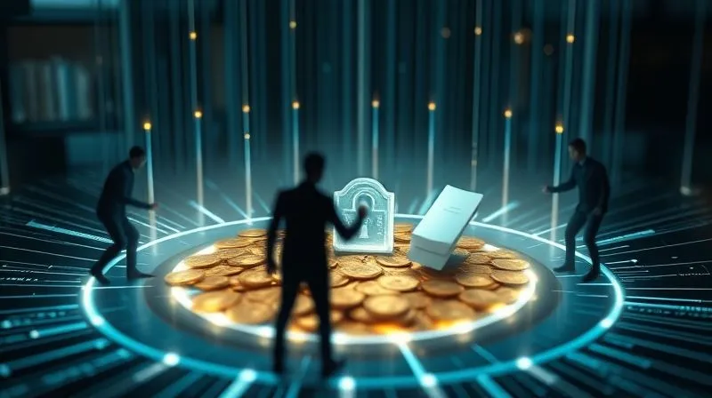 photorealistic, professional photography, 8K, cinematic lighting, sharp focus, depth of field, shot on a high-end DSLR. A stylized, glowing digital barrier or force field surrounding a cluster of valuable assets (represented by gold coins and abstract legal documents), with shadowy, blurred figures representing potential threats attempting to breach it from the outside. The barrier emanates a soft, protective light.