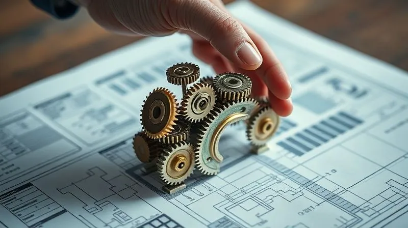 photorealistic, professional photography, 8K, cinematic lighting, sharp focus, depth of field, shot on a high-end DSLR. A hand, meticulously arranging various sized gears and cogs on a blueprint of a complex financial structure. The gears represent different asset protection strategies, fitting together perfectly to form a robust, interconnected system. The background is blurred, focusing on the precision of the assembly.