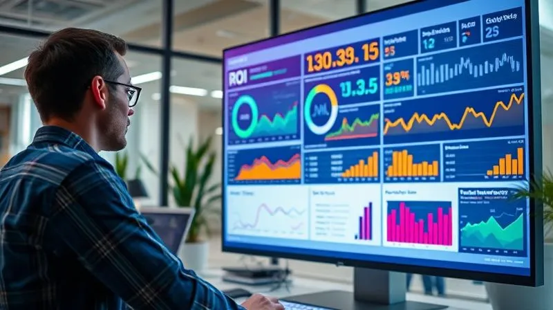photorealistic, professional photography, 8K, cinematic lighting, sharp focus, depth of field, shot on a high-end DSLR. A dynamic financial dashboard displayed on a large monitor in a modern office, showing real-time ROI metrics, cost savings, and efficiency gains with clear, vibrant charts and graphs, a focused financial analyst observing the data.