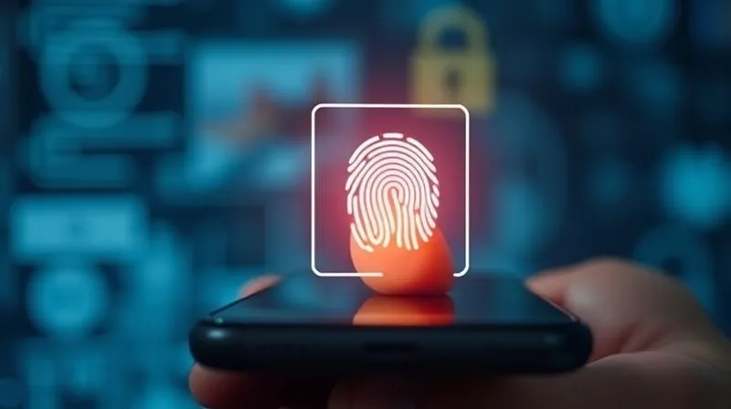 A photorealistic image of a person's thumb pressing onto a smartphone screen, with a glowing fingerprint icon confirming authentication. The background is a subtly blurred digital interface, suggesting secure access. Cinematic lighting, sharp focus on the fingerprint, depth of field. 8K hyper-detailed, professional photography, shot on a high-end DSLR.