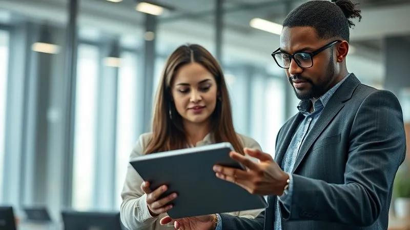 A photorealistic image of two diverse professionals, perhaps a customer service representative and a fraud analyst, intently looking at a shared tablet screen displaying data, discussing a complex financial transaction. The setting is a modern, collaborative office environment. Cinematic lighting, sharp focus on their faces and the tablet, depth of field. 8K hyper-detailed, professional photography, shot on a high-end DSLR.