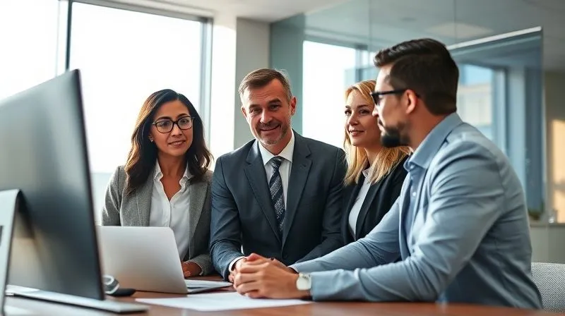 A photorealistic image of a diverse corporate team collaborating with a bank representative in a modern, sunlit meeting room, reviewing financial charts on a large screen. The atmosphere is professional, collaborative, and forward-looking. Professional photography, 8K, cinematic lighting, sharp focus on the faces and screen, depth of field blurring the background, shot on a high-end DSLR.