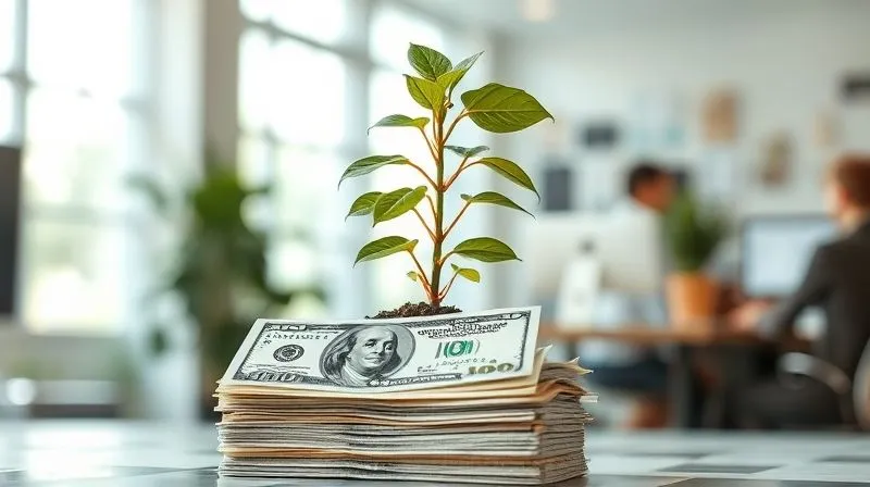 A photorealistic image of a flourishing plant growing out of a stack of neatly organized dollar bills, with a backdrop of a modern, sunlit office. The plant symbolizes growth and profitability, nurtured by careful financial management. Professional photography, 8K, cinematic lighting, sharp focus on the plant and money, depth of field blurring the background, shot on a high-end DSLR.