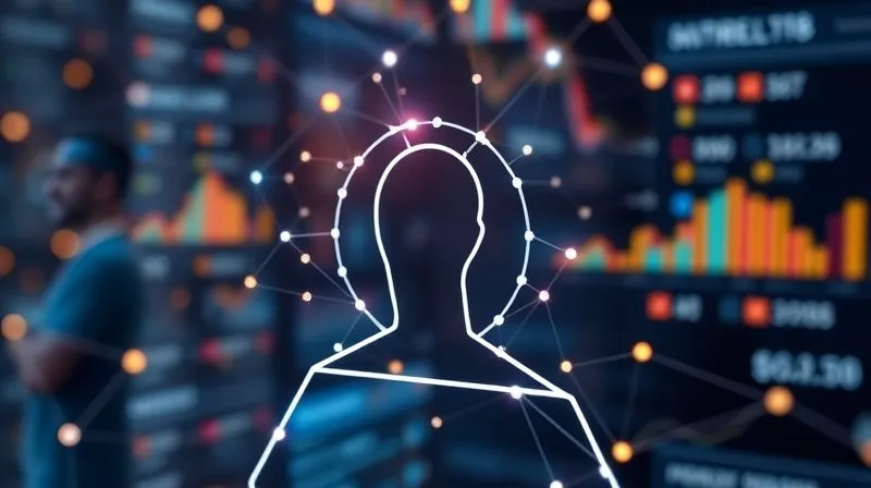 A photorealistic 3D visualization of interconnected data points forming a personalized user profile, with financial services recommendations glowing around it. Cinematic lighting, sharp focus on the data, depth of field blurring a user interface in the background. Professional photography, 8K, shot on a high-end DSLR.