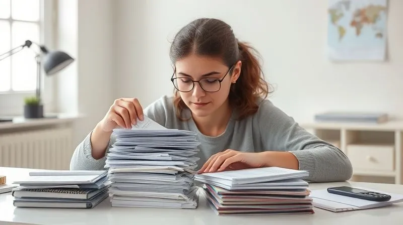 A photorealistic image of a student meticulously organizing a stack of receipts, invoices, and financial statements on a clean desk, with a focused expression, representing diligent record-keeping for tax purposes, soft, natural light, 8K hyper-detailed.