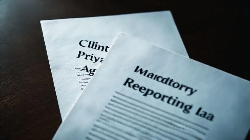 Photorealistic, professional photography, 8K, cinematic lighting, sharp focus, depth of field, shot on a high-end DSLR of two overlapping, translucent legal documents, one titled 'Client Privacy Agreement' and the other 'Mandatory Reporting Law', creating a subtle, challenging visual intersection. The lighting should highlight the conflict, with a neutral but serious tone.