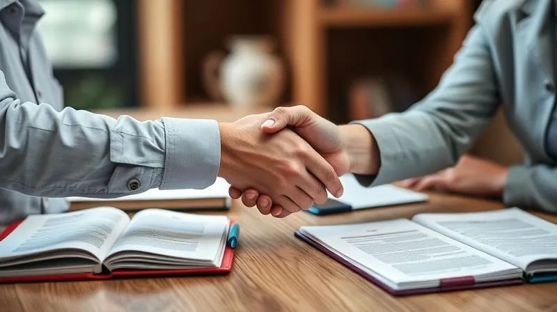 A photorealistic image of a financial aid officer and a student/parent shaking hands across a desk, with open folders and documents in front of them, indicating a successful resolution. The mood is one of relief and professional courtesy. Cinematic lighting, sharp focus on the handshake, depth of field, 8K, professional photography.