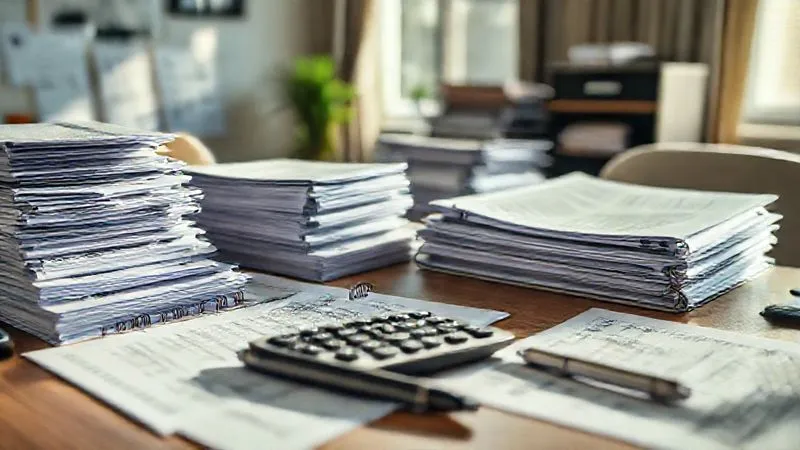 photorealistic, professional photography, 8K, cinematic lighting, sharp focus, depth of field, shot on a high-end DSLR. A meticulously organized desk with stacks of financial documents, open ledgers, a calculator, and a pen. Sunlight streams through a window, highlighting the clarity and order. The scene evokes diligence and financial responsibility. No text or logos.