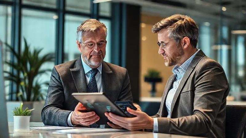 photorealistic, professional photography, 8K, cinematic lighting, sharp focus, depth of field, shot on a high-end DSLR. A professional, empathetic mortgage broker (40s, well-dressed) in a modern, brightly lit office, engaging in a focused conversation with a self-employed client (30s). They are both looking at a tablet displaying complex financial data, with the broker gesturing reassuringly. The atmosphere is collaborative and trustworthy. No text or logos.