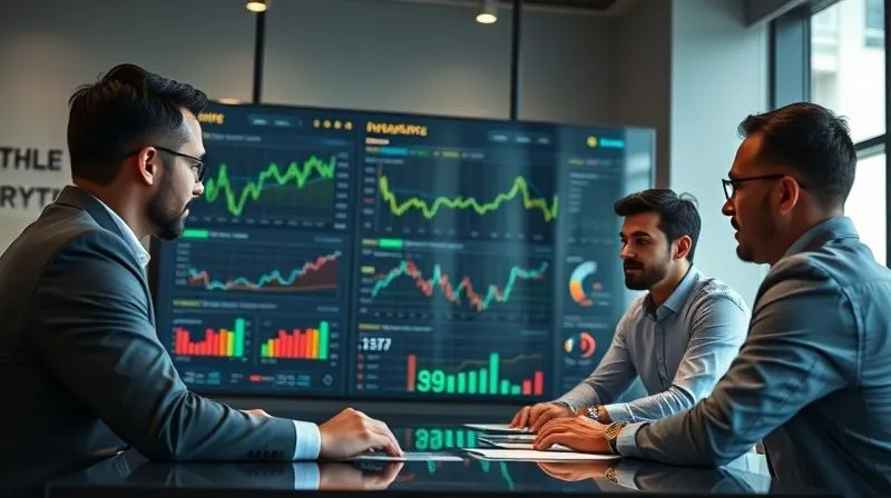 A photorealistic, professional photography, 8K, cinematic lighting, sharp focus, depth of field, shot on a high-end DSLR, of a diverse team of financial professionals collaborating around a large, sleek digital dashboard displaying real-time cryptocurrency market data, charts, and institutional portfolio metrics. The atmosphere is calm and focused, with a sense of high-tech efficiency.