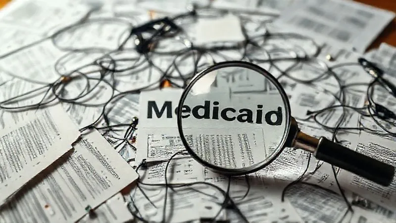 Photorealistic, professional photography, 8K, cinematic lighting, sharp focus, depth of field, shot on a high-end DSLR. A complex, interconnected web of financial documents and medical bills stretching across a table, with a magnifying glass hovering over the word 'Medicaid', illustrating the intricate and often overwhelming financial burden of long-term care.