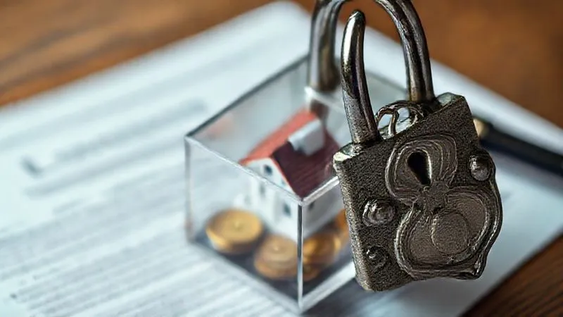 Photorealistic, professional photography, 8K, cinematic lighting, sharp focus, depth of field, shot on a high-end DSLR. A sturdy, ornate lock and key securing a transparent, crystal-like box containing a miniature house and gold coins, set against a blurred background of legal documents. The image conveys protection, security, and the legal framework of an irrevocable trust.