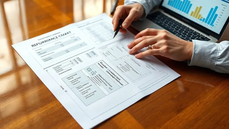 photorealistic, professional photography, 8K, cinematic lighting, sharp focus, depth of field, shot on a high-end DSLR, a person's hands meticulously comparing several financial documents spread out on a polished desk, possibly with a laptop displaying comparison charts. The documents clearly show different interest rates and loan terms, conveying the careful research and comparison phase of refinancing.