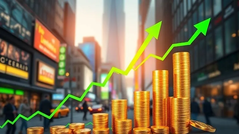 A photorealistic, professional photography, 8K, cinematic lighting, sharp focus, depth of field, shot on a high-end DSLR image. A vibrant, upward-sloping stock market chart with green arrows and golden coins rising, set against a blurred background of a bustling financial district, conveying growth and excitement. No text or logos.