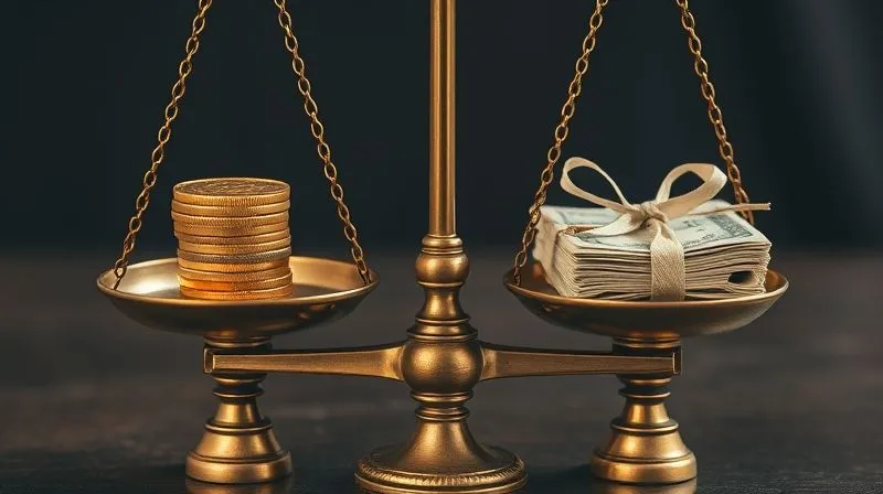 A photorealistic, professional photography, 8K, cinematic lighting, sharp focus, depth of field, shot on a high-end DSLR image. A perfectly balanced set of antique brass scales. On one pan are neatly stacked golden coins representing investments, and on the other, a small stack of paper bills tied with a ribbon, symbolizing debt repayment. The scales are in equilibrium, with a soft, warm light emphasizing the balance. No text or logos.