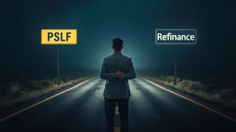 A photorealistic image of a person standing at a fork in a road, one path clearly illuminated and labeled "PSLF" with a sign showing a distant destination, the other path dark and labeled "Refinance" leading into an unknown, foggy abyss. The person is looking back at the PSLF path with regret, hands clasped, cinematic lighting highlighting the emotional weight of the decision, 8K, sharp focus, depth of field.