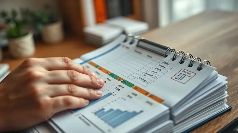 A photorealistic image of a person meticulously organizing a complex financial planner with color-coded tabs for 'Budget', 'Savings', 'PSLF Tracking', and 'Debt Repayment'. There are graphs and charts visible, symbolizing strategic financial management. Cinematic lighting, sharp focus on the planner and hands, depth of field blurring a background of a home office. 8K hyper-detailed.