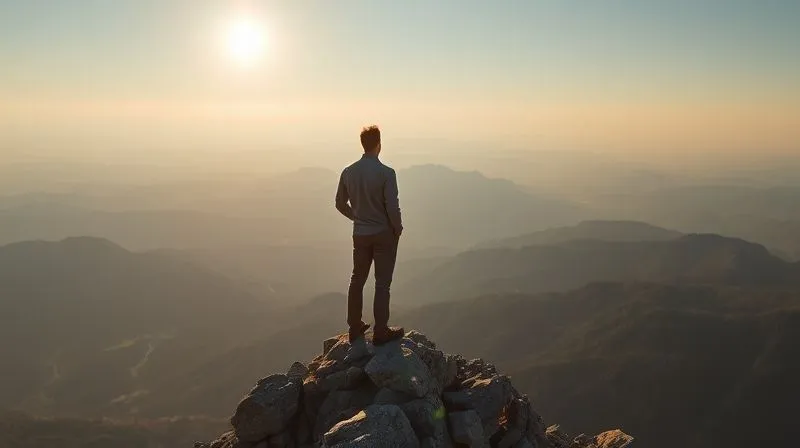 A photorealistic image of a person standing confidently on a mountain peak, looking out over a vast, clear landscape with the sun rising, symbolizing financial freedom and a clear path forward after achieving a long-term goal like debt forgiveness. Cinematic lighting, sharp focus on the person, depth of field blurring the expansive natural background. 8K hyper-detailed.