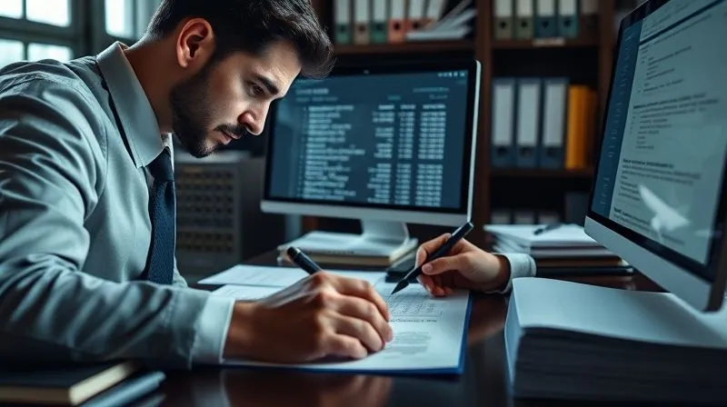 A photorealistic image of a lawyer meticulously filling out complex PSLF forms, surrounded by binders and a computer screen displaying student loan details, cinematic lighting, sharp focus, depth of field, 8K.