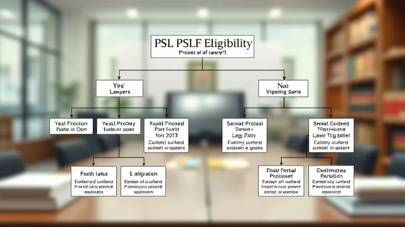 A photorealistic, detailed flowchart showing the decision process for PSLF eligibility, with clear 'Yes'/'No' branches and specific criteria for lawyers, set against a blurred background of a law office, 8K, cinematic lighting.