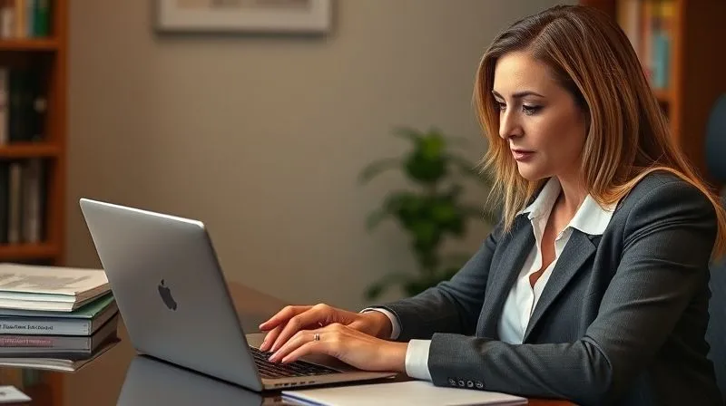 A photorealistic image of a lawyer, Sarah, sitting at a desk, looking intently at a spreadsheet on her laptop, which displays columns for 'PSLF Payments', 'Refinance Payments', and 'Forgiveness Amount', with a focused, determined expression. Professional photography, 8K, cinematic lighting.