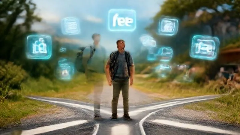 A lone backpacker stands at a crossroads, looking confused, with various transparent, glowing 'fee' icons (e.g., a small luggage tag, a credit card symbol, a hotel key) floating around them like digital ghosts, against a vibrant, aspirational travel backdrop. Photorealistic, professional photography, 8K, cinematic lighting, sharp focus, depth of field, shot on a high-end DSLR.