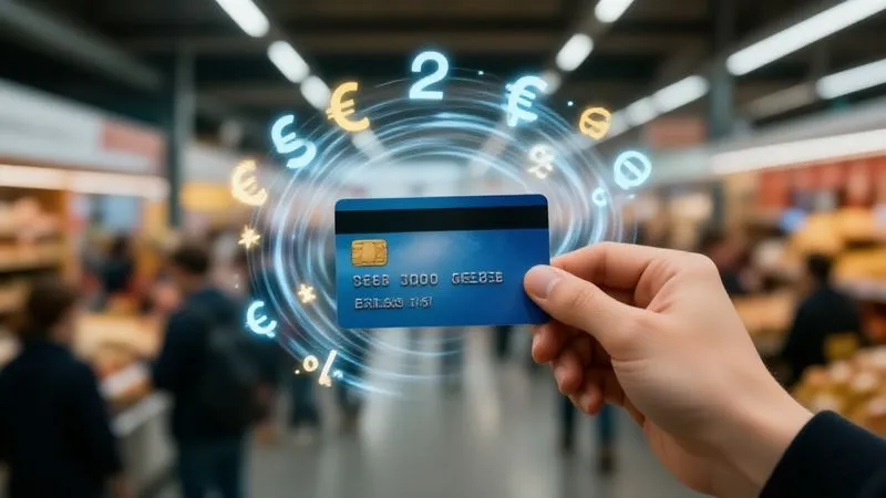 A hand holding a credit card making a payment, with a transparent overlay of various currency symbols and percentage signs swirling around it, symbolizing transaction fees and exchange rates. The background is a bustling international market. Photorealistic, professional photography, 8K, cinematic lighting, sharp focus, depth of field, shot on a high-end DSLR.