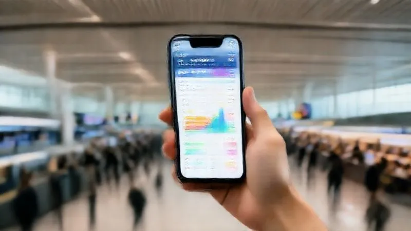 A hand holding a smartphone displaying a budget tracking app with colorful graphs and numbers, overlaid on a blurred background of a bustling airport terminal. Photorealistic, professional photography, 8K, cinematic lighting, sharp focus, depth of field, shot on a high-end DSLR.