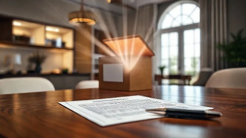 A photorealistic, professional photography, 8K, cinematic lighting, sharp focus, depth of field. An elegant architectural rendering of a modern home transforming into a symbolic charitable donation box, with rays of light emanating from it. In the foreground, a detailed property deed and a pen on a mahogany desk. The scene evokes generosity and strategic planning.