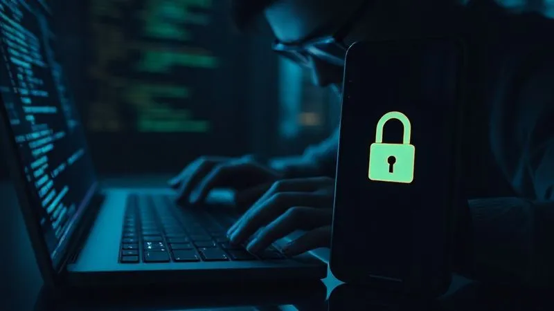 photorealistic, professional photography, 8K, cinematic lighting, sharp focus, depth of field, shot on a high-end DSLR, a shadowy figure's hands typing rapidly on a keyboard, with lines of code and fragmented login screens reflected in their glasses. In the foreground, a mobile phone screen shows a login attempt being blocked by a digital shield. The scene is dark and intense, conveying the threat of cybercrime.