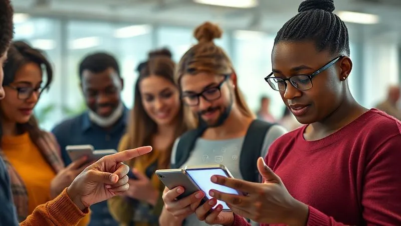 photorealistic, professional photography, 8K, cinematic lighting, sharp focus, depth of field, shot on a high-end DSLR, a diverse group of people looking attentively at their smartphones, with subtle glowing icons and educational infographics appearing on the screens. One person points to a 'secure password' graphic, while another nods in understanding. The background is a bright, modern office or community center, conveying learning and engagement.