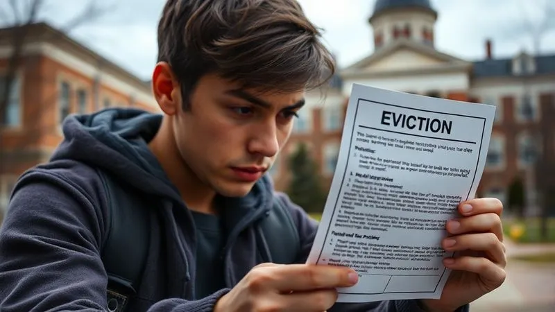 photorealistic, professional photography, 8K, cinematic lighting, sharp focus, depth of field, shot on a high-end DSLR. A distressed student looking at an eviction notice, with blurred financial documents and a university campus building in the background. The scene conveys stress and uncertainty, highlighting the impact of housing insecurity on academic life. Emotionally resonant.