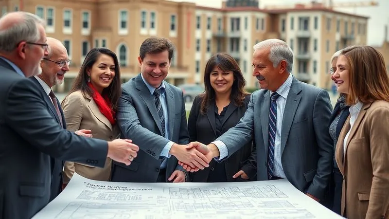 photorealistic, professional photography, 8K, cinematic lighting, sharp focus, depth of field, shot on a high-end DSLR. A diverse group of university administrators and private developers shaking hands over architectural blueprints for a modern, sustainable student housing complex. The background shows a blend of classic university architecture and new construction, symbolizing collaboration and progress in funding affordable student living. Emotionally resonant, conveying partnership and innovation.