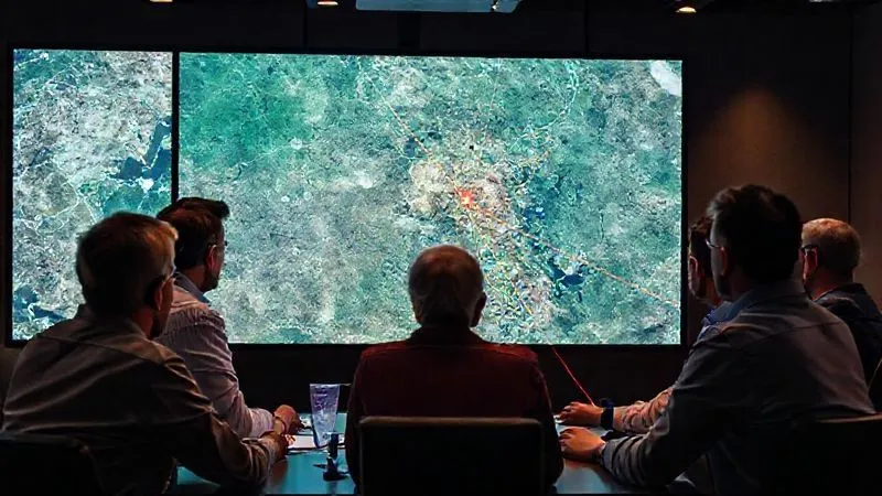 Photorealistic, professional photography, 8K, cinematic lighting, sharp focus, depth of field, shot on a high-end DSLR. A highly detailed satellite image of a large land parcel is displayed on a high-resolution monitor, with a diverse team of environmental consultants and land investors intently analyzing overlays of historical land use, geological data, and potential contamination zones. The atmosphere is one of intense scrutiny and collaborative problem-solving, with laser pointers highlighting specific areas of concern on the screen.
