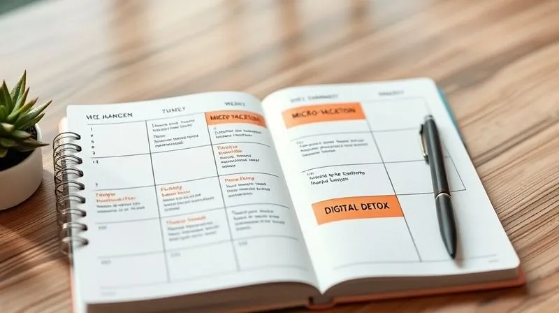 A highly organized weekly planner or calendar spread, with specific blocks highlighted for 'Micro-Vacation' and 'Digital Detox,' alongside work commitments. The planner has a clean, minimalist design, with a pen and a small plant nearby. Photorealistic, professional photography, 8K, cinematic lighting, sharp focus on the planner, depth of field blurring a serene background, shot on a high-end DSLR.