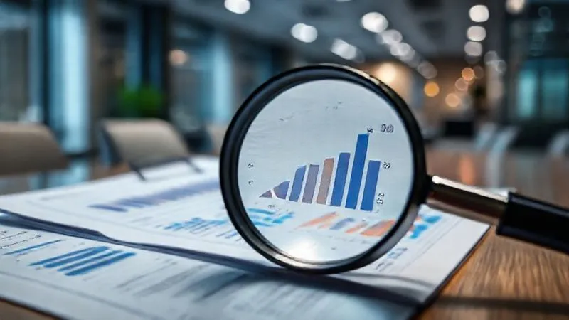photorealistic, professional photography, 8K, cinematic lighting, sharp focus, depth of field, shot on a high-end DSLR. A magnifying glass hovering over a complex financial report, with charts and numbers visible, symbolizing transparency and meticulous auditing of digital assets. The background is a blurred, modern office environment.