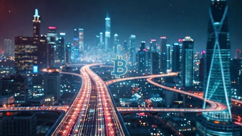 photorealistic, professional photography, 8K, cinematic lighting, sharp focus, depth of field, shot on a high-end DSLR. A futuristic cityscape with glowing digital pathways connecting various financial hubs, symbolizing the interconnectedness of digital currencies and the evolution of stablecoins and CBDCs. The focus is on a central, illuminated digital currency symbol, with a sense of forward motion and technological advancement.