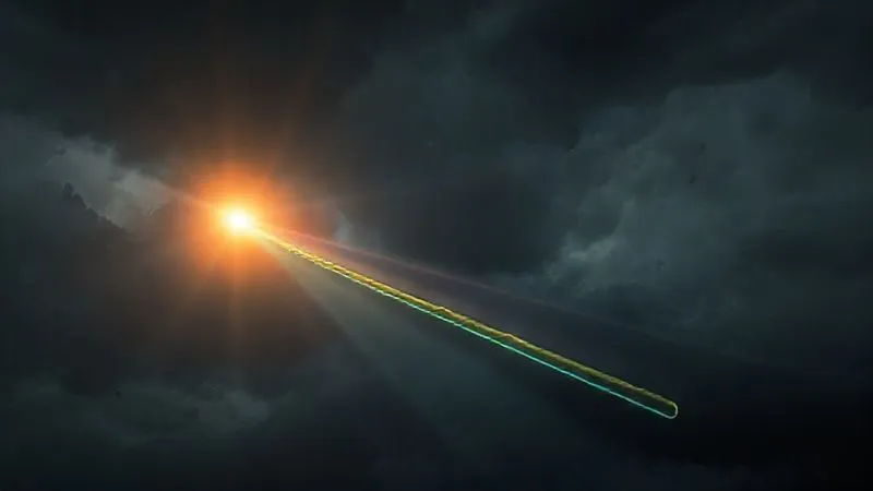 A photorealistic 3D financial model showing three distinct projections (optimistic, base, pessimistic) diverging from a central point, represented by clear, color-coded lines against a dark, stormy background, with a ray of light illuminating the 'best case' path. Professional photography, 8K, cinematic lighting, sharp focus on the projections, depth of field, shot on a high-end DSLR.